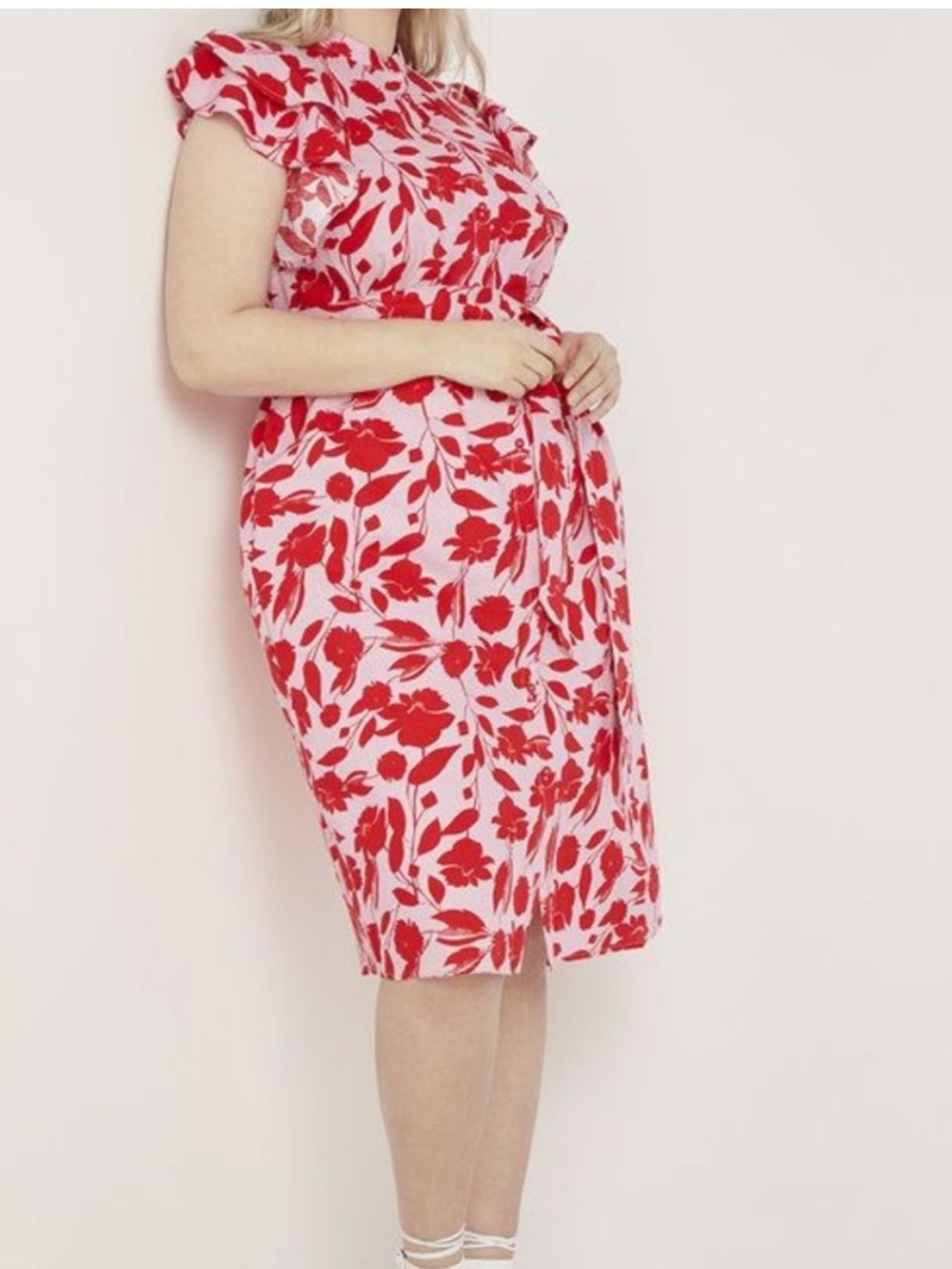 Eloquii Pink Midi Shirt Dress with Red Floral Print. Tie waist. Size 14.